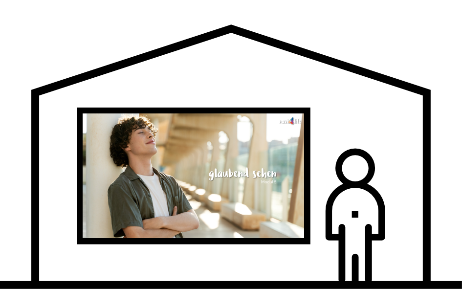 Powerpoint auf Monitor mit Umriss Haus